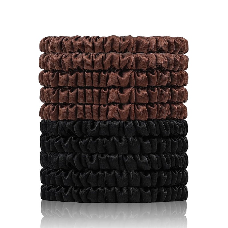 SEMRUE 22 Momme 100% Pure Mulberry Silk Scrunchies (10 PCS) - Small Hair Elastics and Ties for Women Sleep, Hair Care No Damage, Black*5+Brown*5 - Image 1